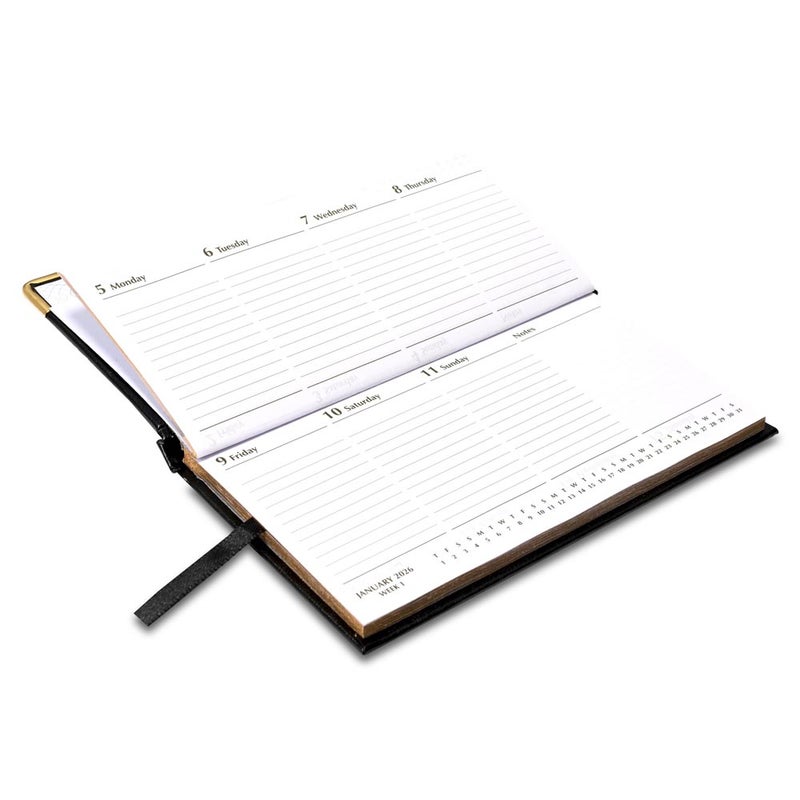 FIS 2026 Golden Slim Diary, Slim Size 170x90mm, 1 Sided Padded Vinyl Cover, Round Corners, Gold Gilded Edges, Landscape Format, English, 60gsm White Paper, Black Color - FSDI52EG26BK - Image 4