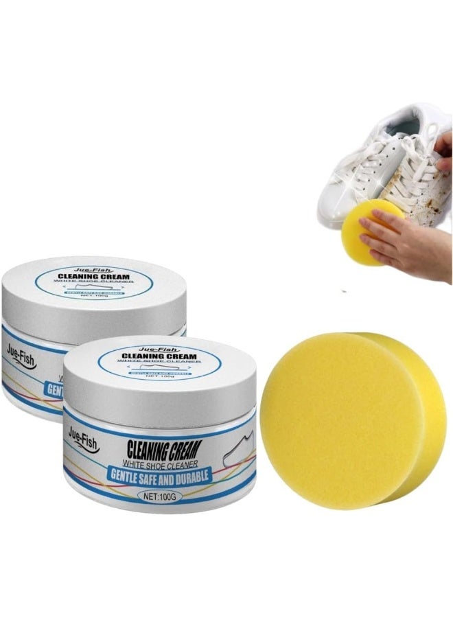 JUE-FISH White Shoe Cleaning Cream, 100g Multi-Functional White Shoes Cleaner Cream, Shoes Whitening Cleansing Gel Sneaker Stain Remover with Sponge, Cleaning Maintenance Yellowing (2PC) - Image 1