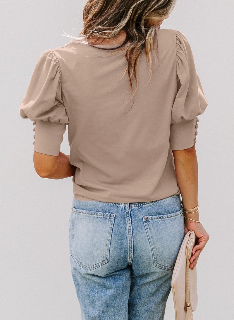 DOROSE Womens Tops Women Blouses Short Sleeve Shirts Spring Summer(Oatmeal, M) - Image 4