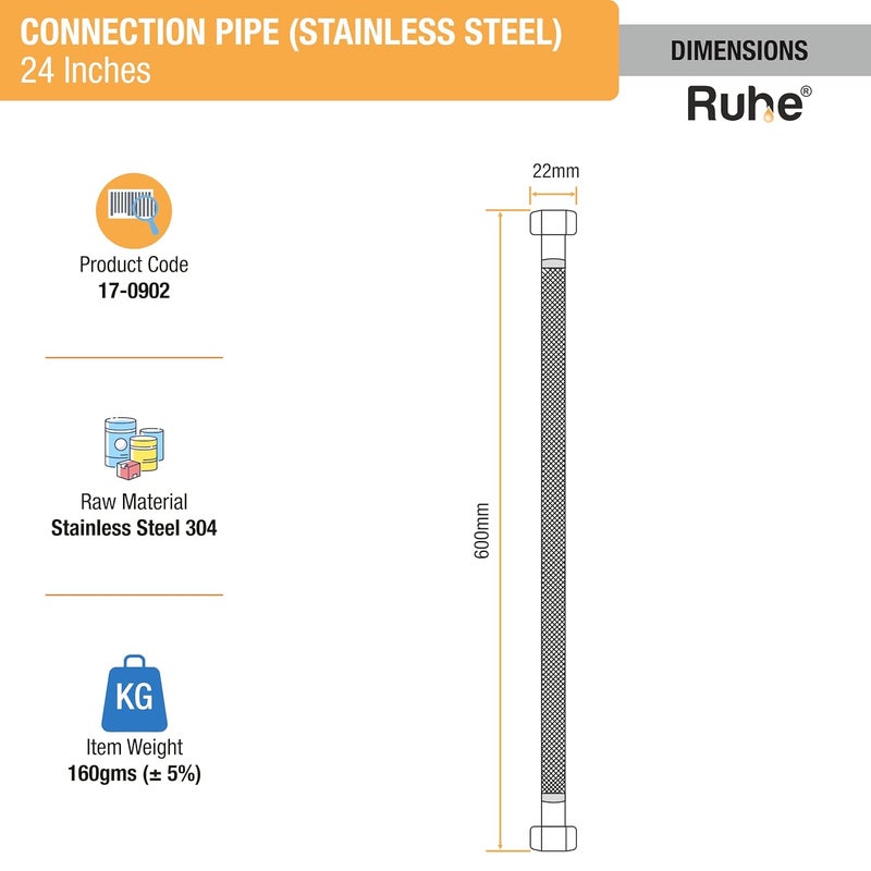 Ruhe Connection Pipe 304 Grade Stainless Steel Connection Pipe Silver Hose Pipe Suitable for Hot Cold Mixer Faucets For Basins and Sinks Geysers and Flush Tanks 24 Inches Set Of 2 - Image 4