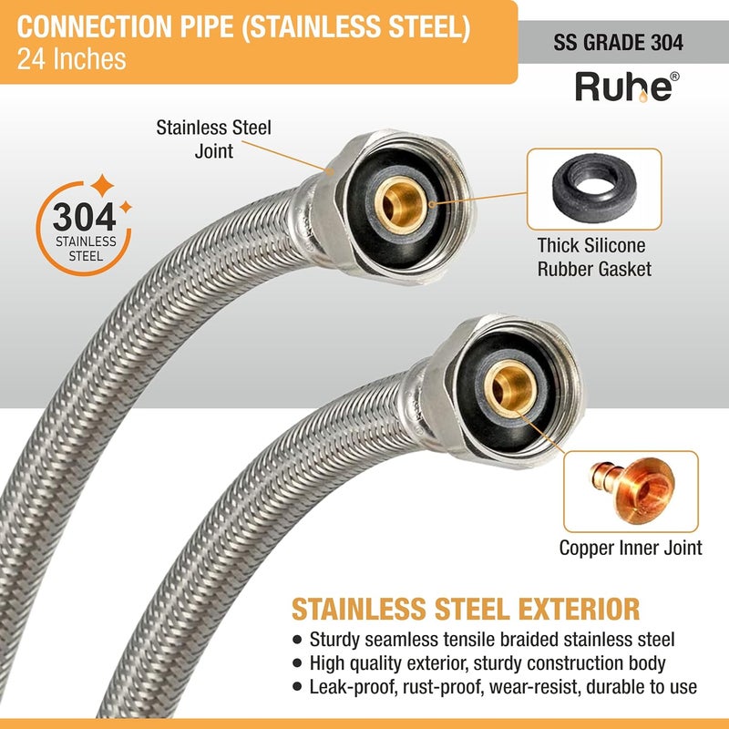 Ruhe Connection Pipe 304 Grade Stainless Steel Connection Pipe Silver Hose Pipe Suitable for Hot Cold Mixer Faucets For Basins and Sinks Geysers and Flush Tanks 24 Inches Set Of 2 - Image 3
