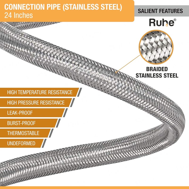 Ruhe Connection Pipe 304 Grade Stainless Steel Connection Pipe Silver Hose Pipe Suitable for Hot Cold Mixer Faucets For Basins and Sinks Geysers and Flush Tanks 24 Inches Set Of 2 - Image 5