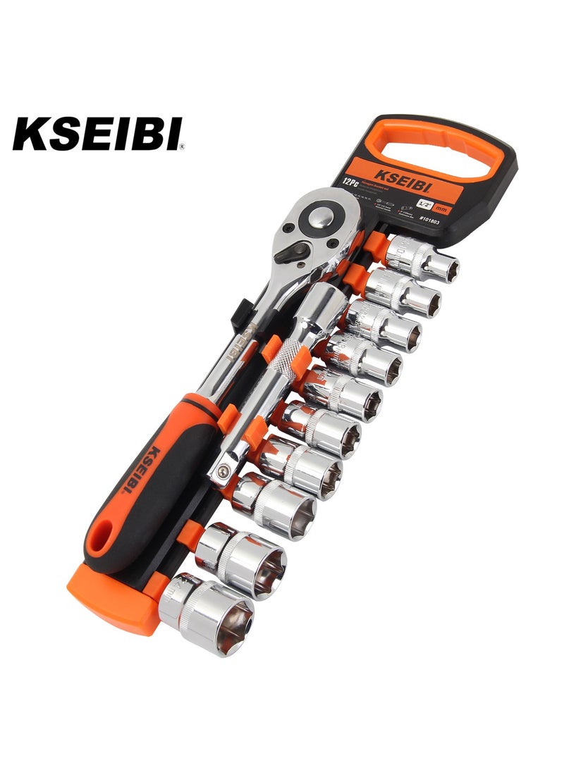KSEIBI Hexagon Socket and Ratchet Set 1/2Inch, 10-24mm Chrome Vanadium, Drive Standard Socket & Ratchet Set with Storage Rack, 12-piece Mechanic Tool Socket Ratchet Wrench Set, for Auto Repairing & Household  - Image 1