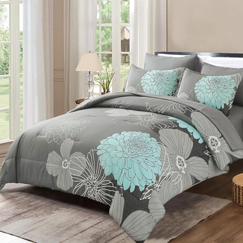 Yiran 7 Pieces Bed in a Bag Floral Comforter Set Queen Flowers Bedding Set Soft Microfiber Comforter Sets with 1 Comforter 1 Flat Sheet 1 Fitted Sheet 2 Pillowshams and 2 Pillowcases