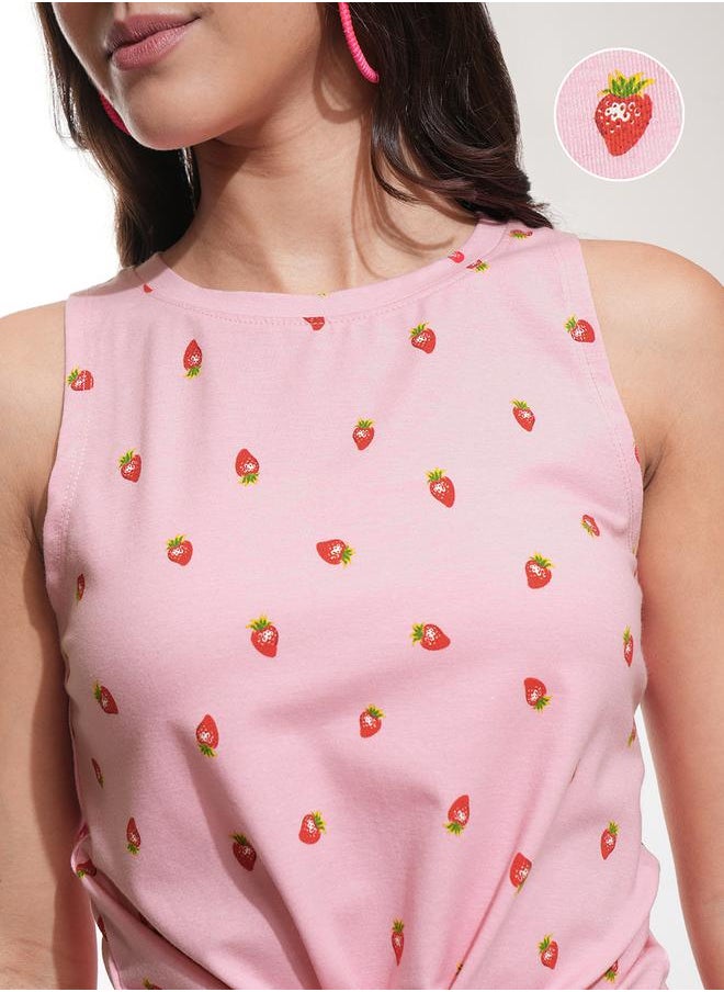 Tokyo Talkies Graphic Print Round Neck Top with Tie-Up Neck by Styli  - Image 5