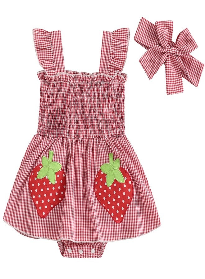 Mubineo Baby Girl Summer Dress Ruffle Fruit Clothes Flutter Sleeveless Smocked Infant Rompers Plaid Boho Dress Outfits (Red Strawberry, 3-6 Months) - Image 1