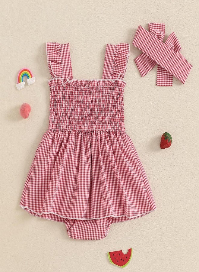 Mubineo Baby Girl Summer Dress Ruffle Fruit Clothes Flutter Sleeveless Smocked Infant Rompers Plaid Boho Dress Outfits (Red Strawberry, 3-6 Months) - Image 5