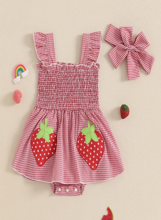 Mubineo Baby Girl Summer Dress Ruffle Fruit Clothes Flutter Sleeveless Smocked Infant Rompers Plaid Boho Dress Outfits (Red Strawberry, 3-6 Months) - Image 3