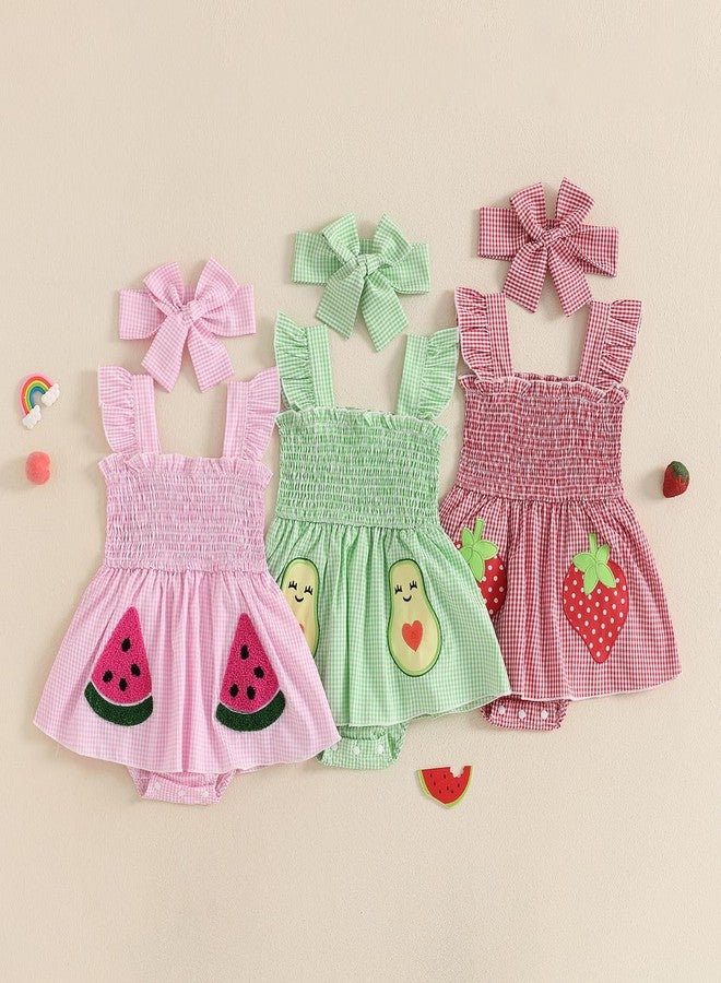Mubineo Baby Girl Summer Dress Ruffle Fruit Clothes Flutter Sleeveless Smocked Infant Rompers Plaid Boho Dress Outfits (Red Strawberry, 3-6 Months) - Image 4