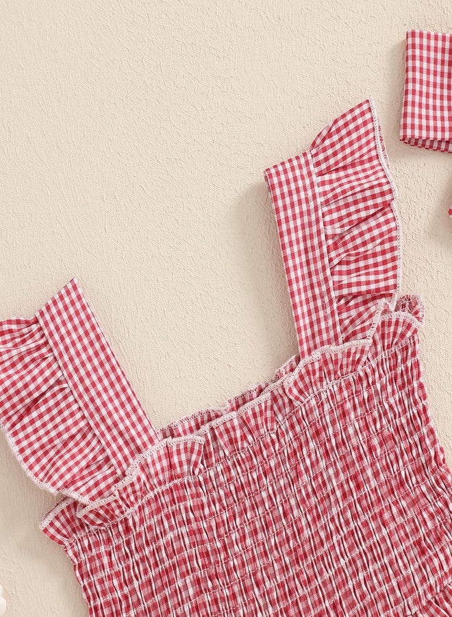 Mubineo Baby Girl Summer Dress Ruffle Fruit Clothes Flutter Sleeveless Smocked Infant Rompers Plaid Boho Dress Outfits (Red Strawberry, 3-6 Months) - Image 2