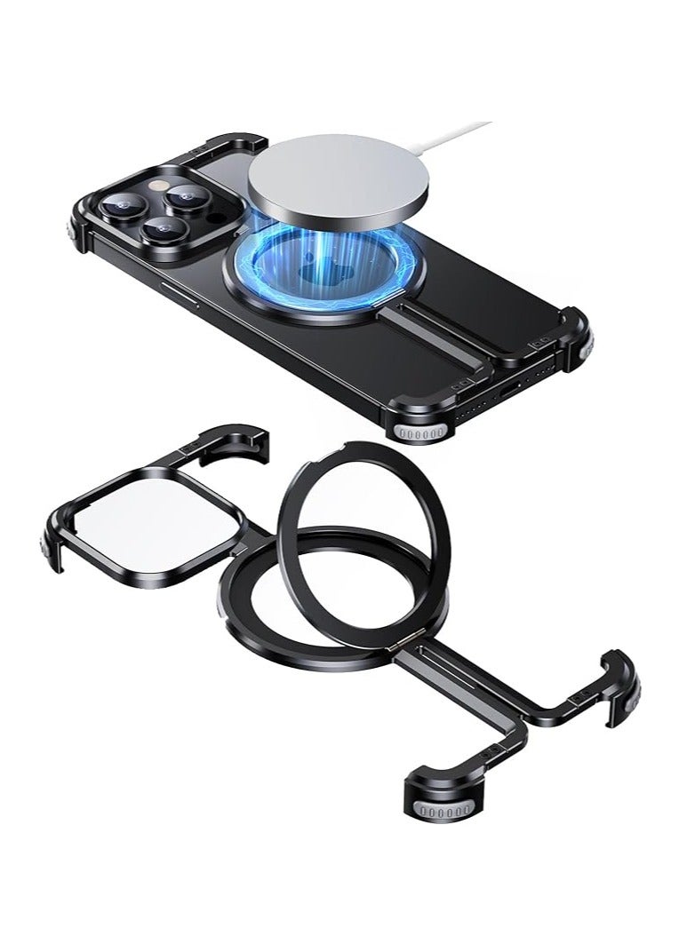 غلاف تيتانيوم طبيعي بدون إطار لهاتف iPhone 15 Pro Max / 15 Pro / 15 Plus / 15 مع قاعدة Magsafe، تصميم أقل حواف وزنها خفيف معدني صلب صدمات فائق النحافة - Image 1