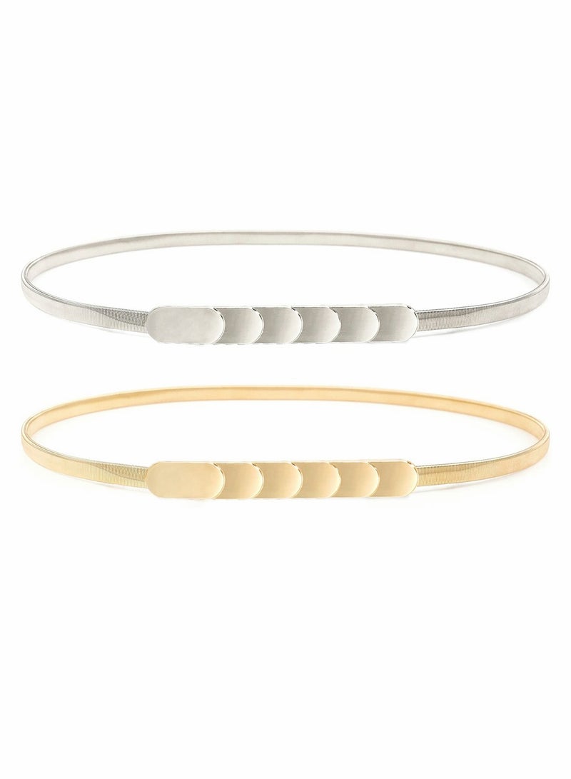 KASTWAVE Skinny Stretch Belt for Women 2 Pieces Silver and Gold Waist Belt Thin Cinch Belts Adjustable Interlock Buckle for Dress Jeans Formal Clothing Skirts and Pants - Image 1