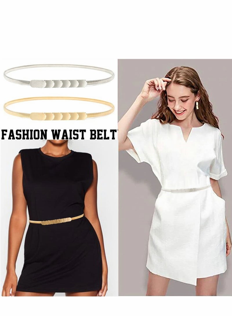 KASTWAVE Skinny Stretch Belt for Women 2 Pieces Silver and Gold Waist Belt Thin Cinch Belts Adjustable Interlock Buckle for Dress Jeans Formal Clothing Skirts and Pants - Image 3