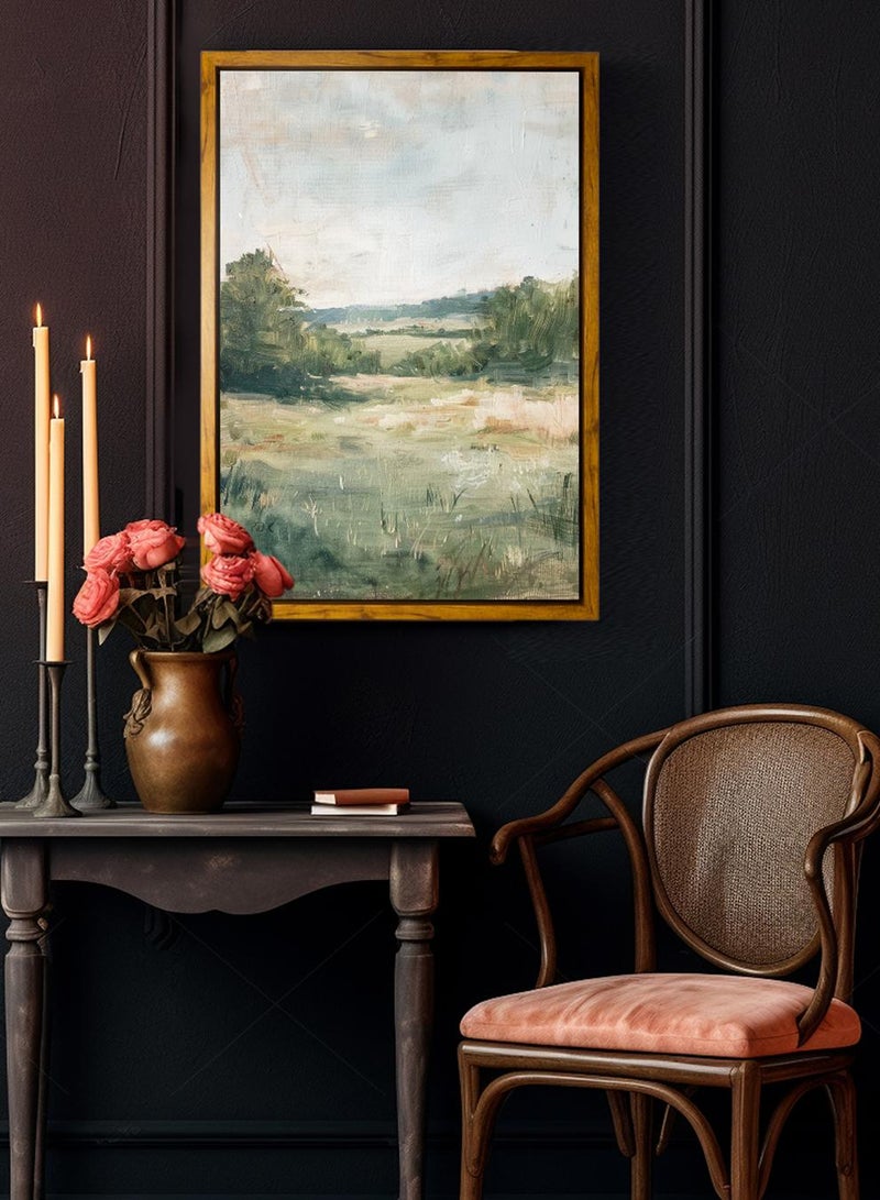 LOWHA Canvas Wall Art Stretched Over Wooden Frame with Wooden Color Floating Frame and Vintage Style Green Meadows Painting - Image 4