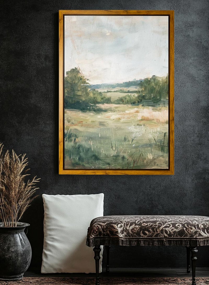 LOWHA Canvas Wall Art Stretched Over Wooden Frame with Wooden Color Floating Frame and Vintage Style Green Meadows Painting - Image 3