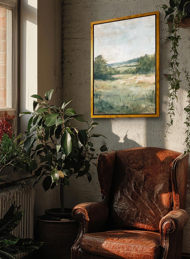 LOWHA Canvas Wall Art Stretched Over Wooden Frame with Wooden Color Floating Frame and Vintage Style Green Meadows Painting - Image 2