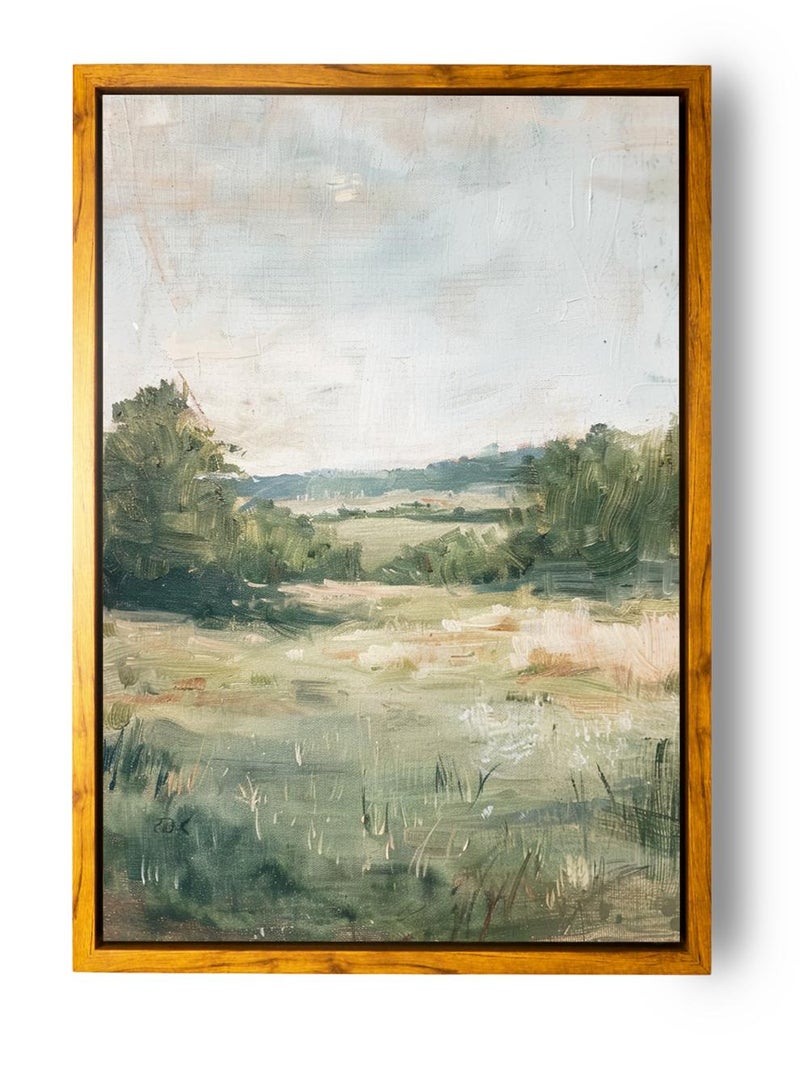 LOWHA Canvas Wall Art Stretched Over Wooden Frame with Wooden Color Floating Frame and Vintage Style Green Meadows Painting - Image 5