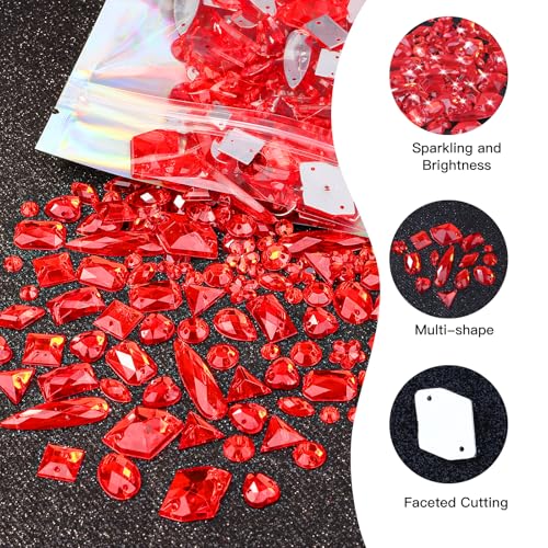 Umillars 500 Pieces Mixed Acrylic Sew on Flatback Rhinestones Crystal Acrylic Gems Diamante for Crafts DIY Dress Clothes Shoes Bag Decorations (Red) - Image 2