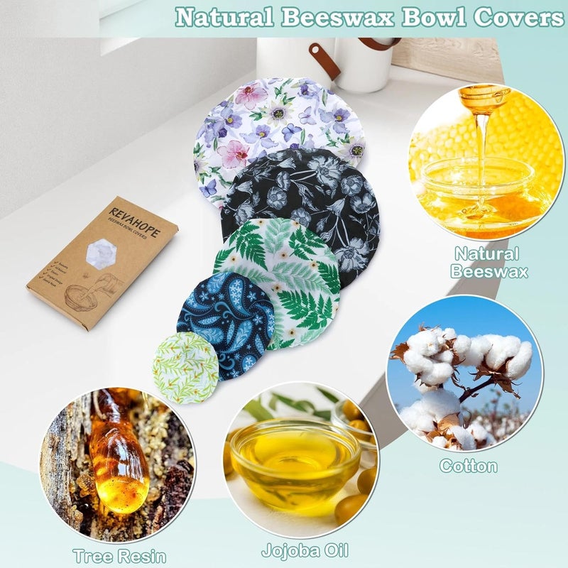 Revahope 5-Size Reusable Beeswax Bowl Covers for Bread Proofing, Cotton Cloth Flexible Beeswax Wraps for Food Storage(Iris Floral) - Image 3