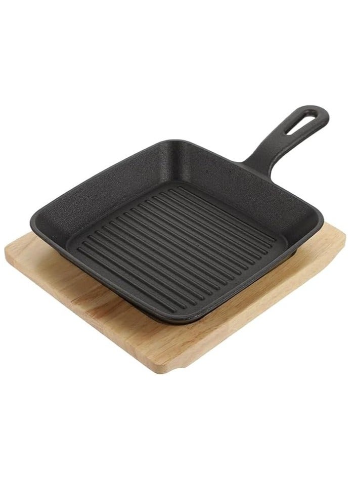 19cm Rectangular Cast Iron Skillet with Side Handle and Wooden Base | Oven Safe Cast Iron Roasting Pan | Grill Pan for Cooking and Grilling Meat and Seafood - Image 1