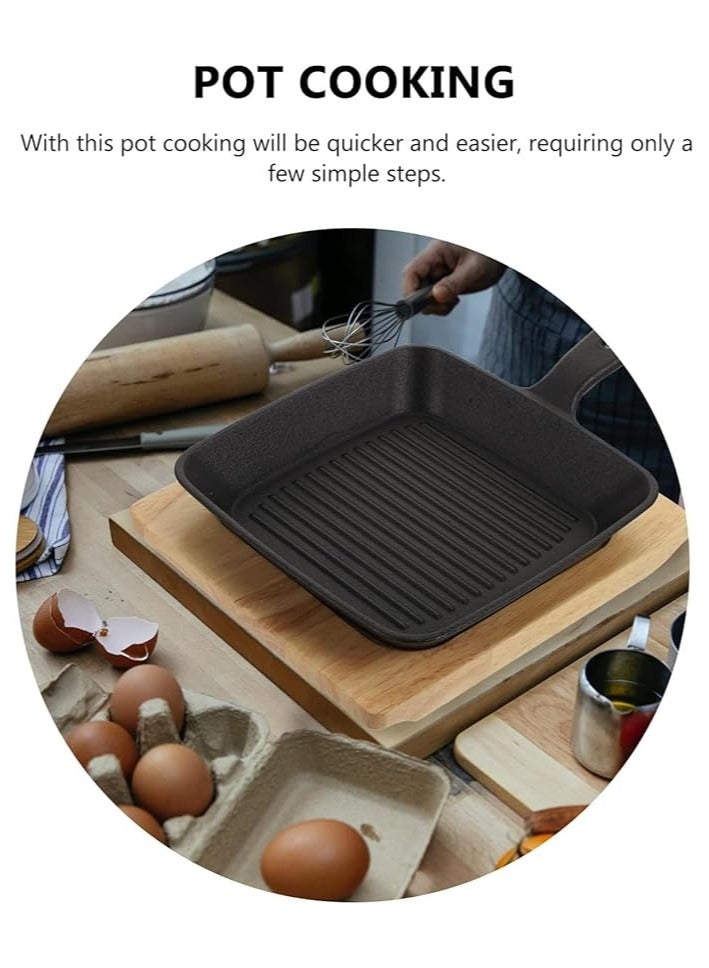 19cm Rectangular Cast Iron Skillet with Side Handle and Wooden Base | Oven Safe Cast Iron Roasting Pan | Grill Pan for Cooking and Grilling Meat and Seafood - Image 4