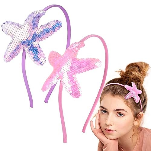 CustomyLife 2pcs Starfish Sequin Headband for Girls, Non-Slip Glitter Mermaid Hair Band, Sparkly Sea Star Hair Accessories for Birthday Cosplay Show Christmas Halloween-Purple & Pink - Image 1