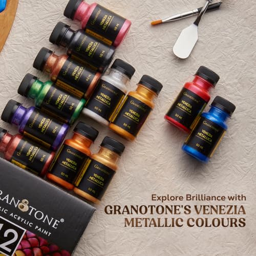 GRANOTONE Acrylic Venezia Metallic Colour | 12 Metallic Shades | 50 ml | Extra Sheen | Non Fading | Indoor/Outdoor | Non Toxic | Multi-Surface | Pro Artist, Hobby Painters & Kid | Made In India - Image 2