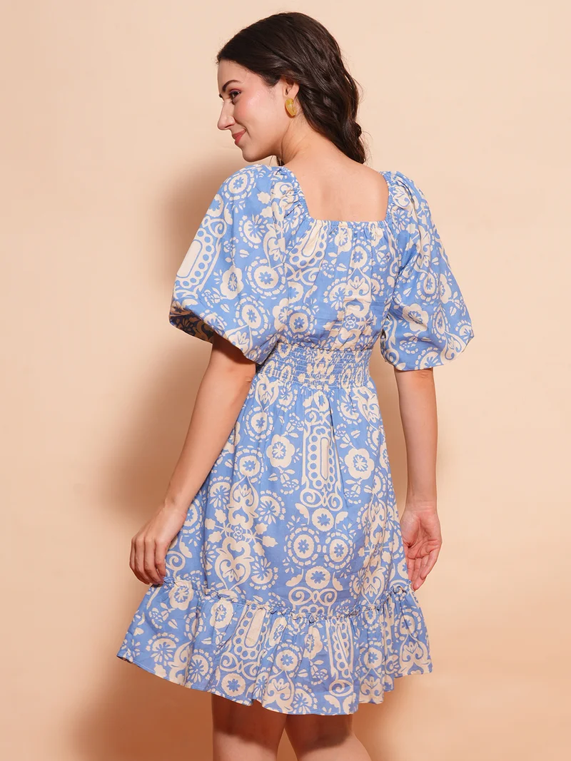 globus Women Printed Puff Sleeve Fit & Flare Dress