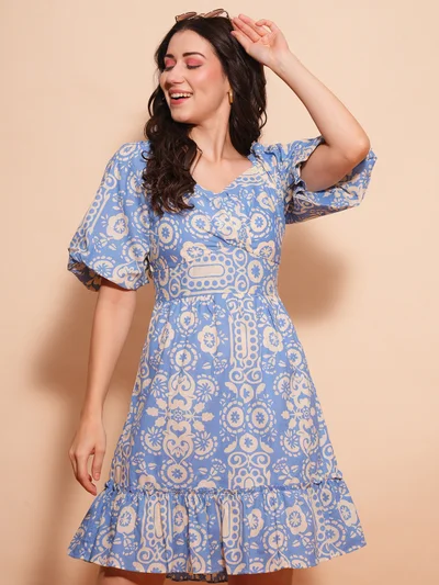 globus Women Printed Puff Sleeve Fit & Flare Dress