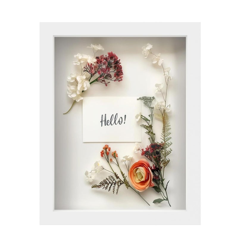 FrameWorks 85 x 11 White Wooden Shadow Box Frame  Display Case with Soft Felt Back Memory Box with Tempered Glass Display Box with Elegant White Ball Push Pins Wooden Flower Box