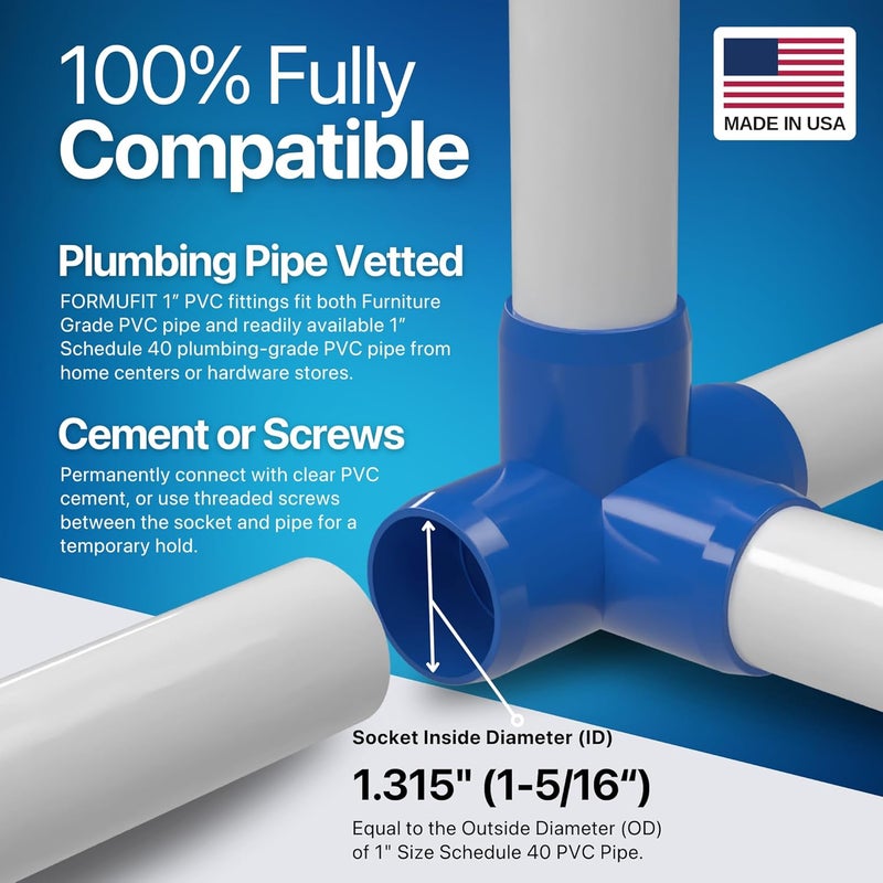 FORMUFIT 1” 4-Way Tee Furniture Grade PVC Fitting in Blue, Made in USA, UV-Resistant, Impact-Proof, 1.315” Actual Socket Diameter (Pack of 4) - F0014WT-BL-4 - Image 5