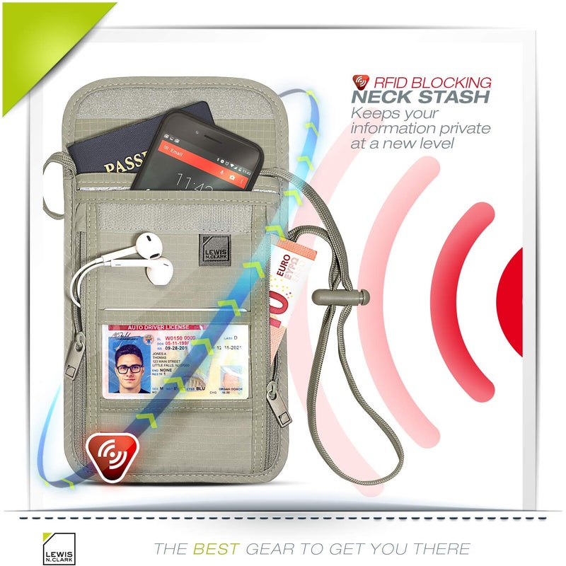 Lewis N. Clark محفظة عنق لويس ن. كلارك مانعة لتقنية RFID، حقيبة سفر + حامل جواز سفر للنساء والرجال، لون بني، مقاس واحد - Image 3
