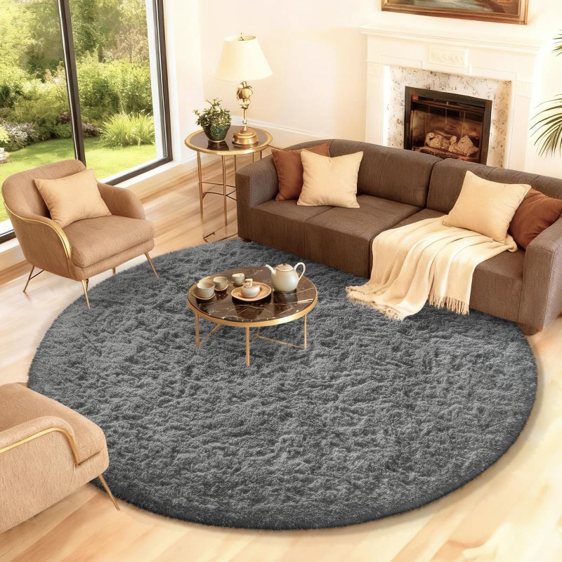 Ophanie Round Rug 7Ft Grey Circle Area Rugs, Large Fluffy Fuzzy Living Room Carpet 7 foot, Plush Shag Solid indoor Floor Gray Bedroom Christmas Circular Aesthetic Decor for Kids Teen Boys Baby,Nursery - Image 1