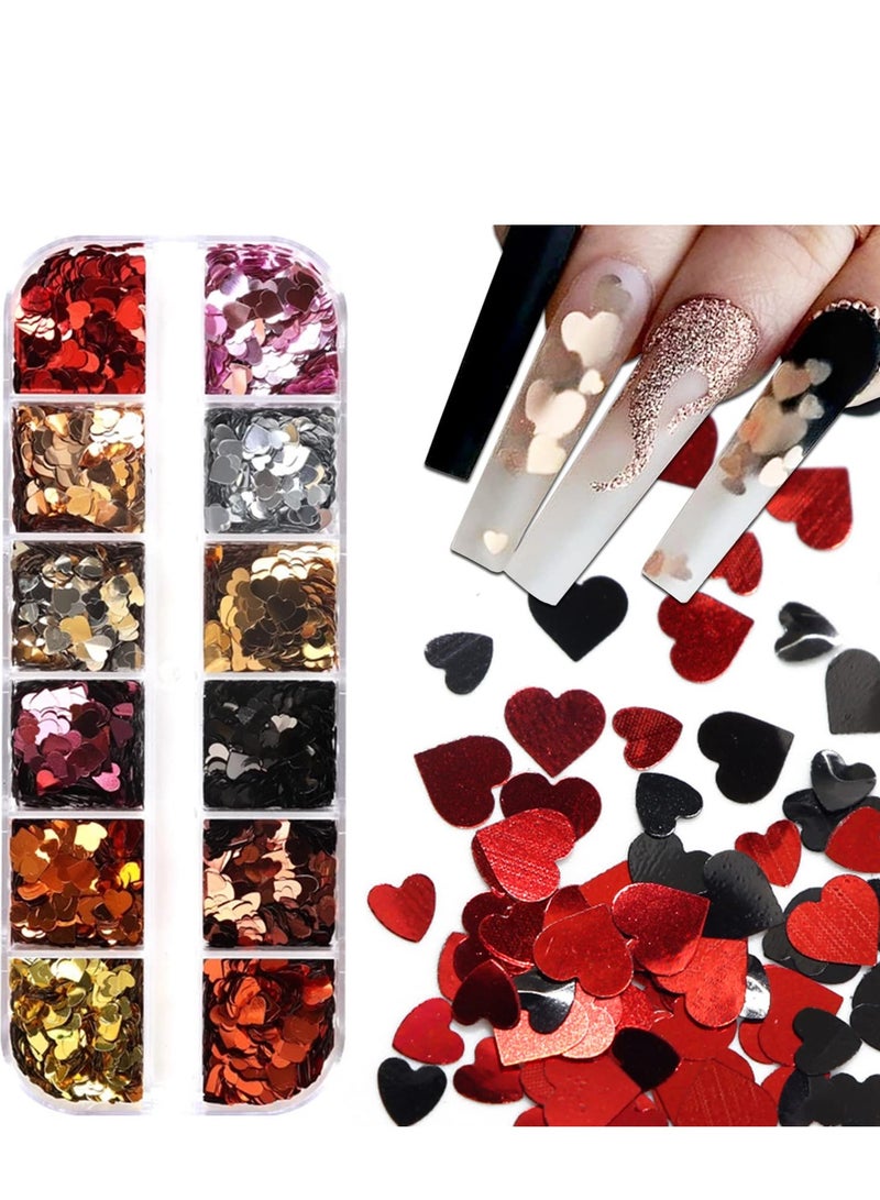 KASTWAVE 12 Grids 3D Heart Nail Glitter Sequins Valentines Nail Art Stickers Laser Heart Glitter Flakes Heart Nail Art Decals Confetti Glitter Nail Charms for Nail Art Decoration - Image 1