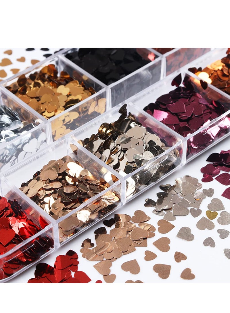 KASTWAVE 12 Grids 3D Heart Nail Glitter Sequins Valentines Nail Art Stickers Laser Heart Glitter Flakes Heart Nail Art Decals Confetti Glitter Nail Charms for Nail Art Decoration - Image 2