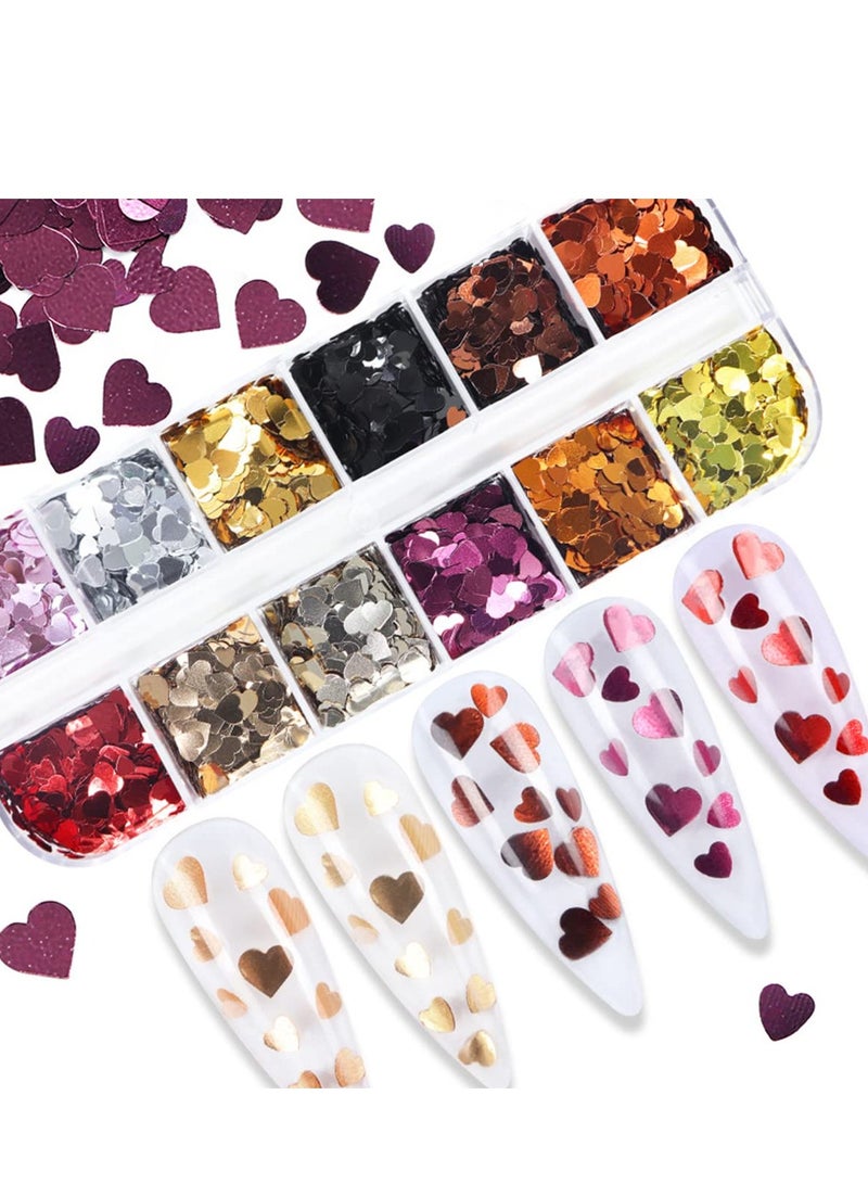 KASTWAVE 12 Grids 3D Heart Nail Glitter Sequins Valentines Nail Art Stickers Laser Heart Glitter Flakes Heart Nail Art Decals Confetti Glitter Nail Charms for Nail Art Decoration - Image 5