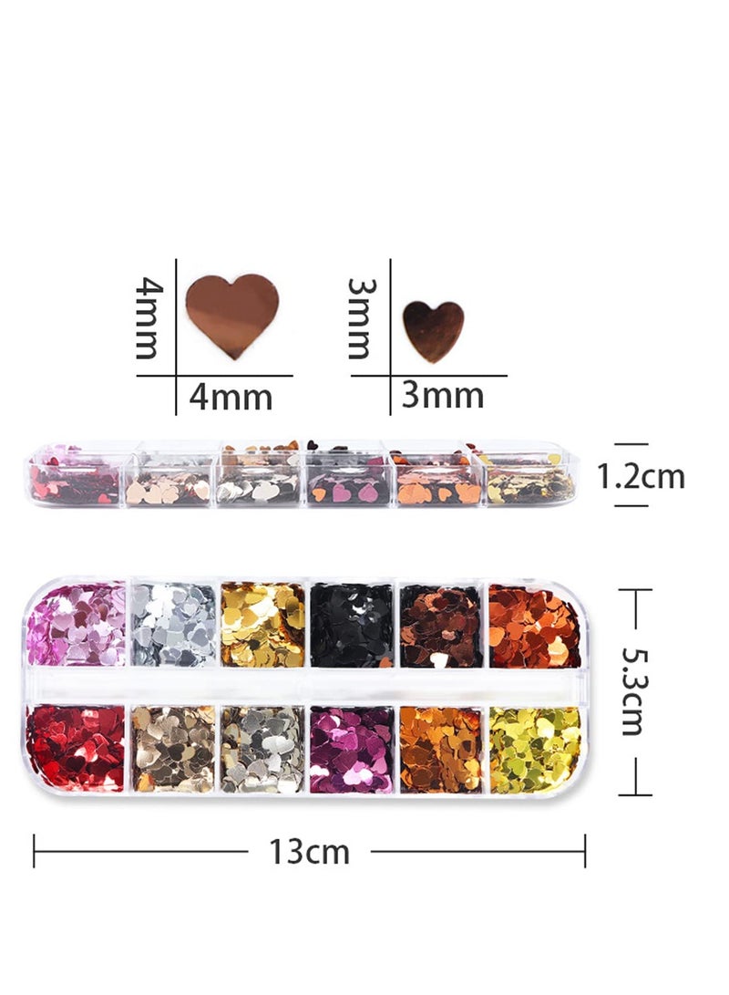 KASTWAVE 12 Grids 3D Heart Nail Glitter Sequins Valentines Nail Art Stickers Laser Heart Glitter Flakes Heart Nail Art Decals Confetti Glitter Nail Charms for Nail Art Decoration - Image 3
