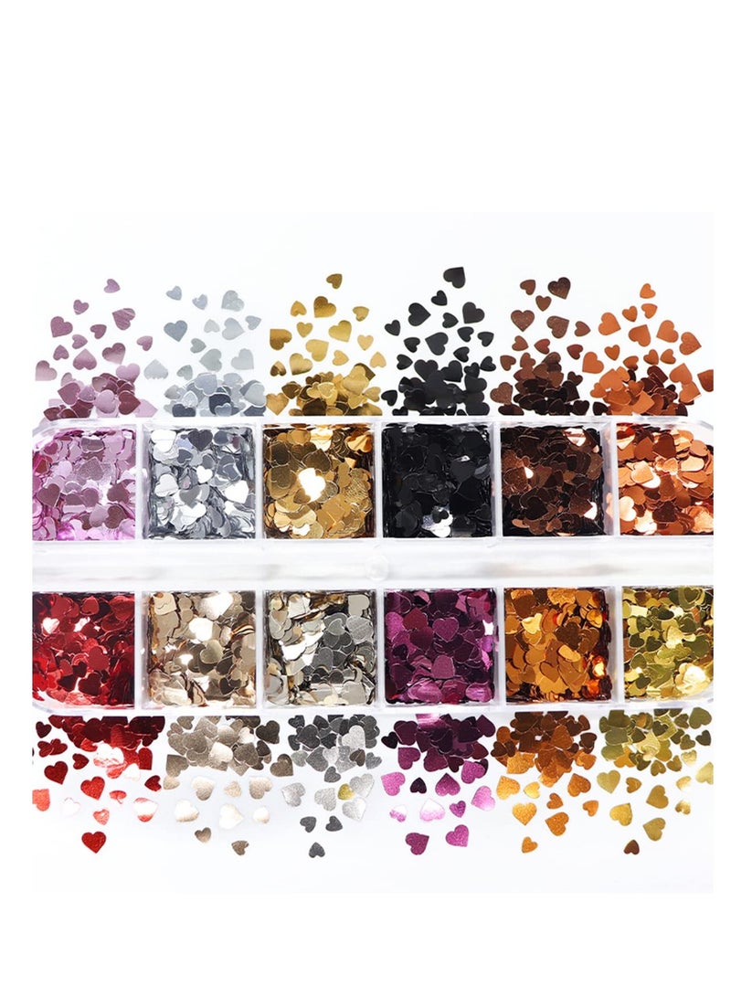 KASTWAVE 12 Grids 3D Heart Nail Glitter Sequins Valentines Nail Art Stickers Laser Heart Glitter Flakes Heart Nail Art Decals Confetti Glitter Nail Charms for Nail Art Decoration - Image 4