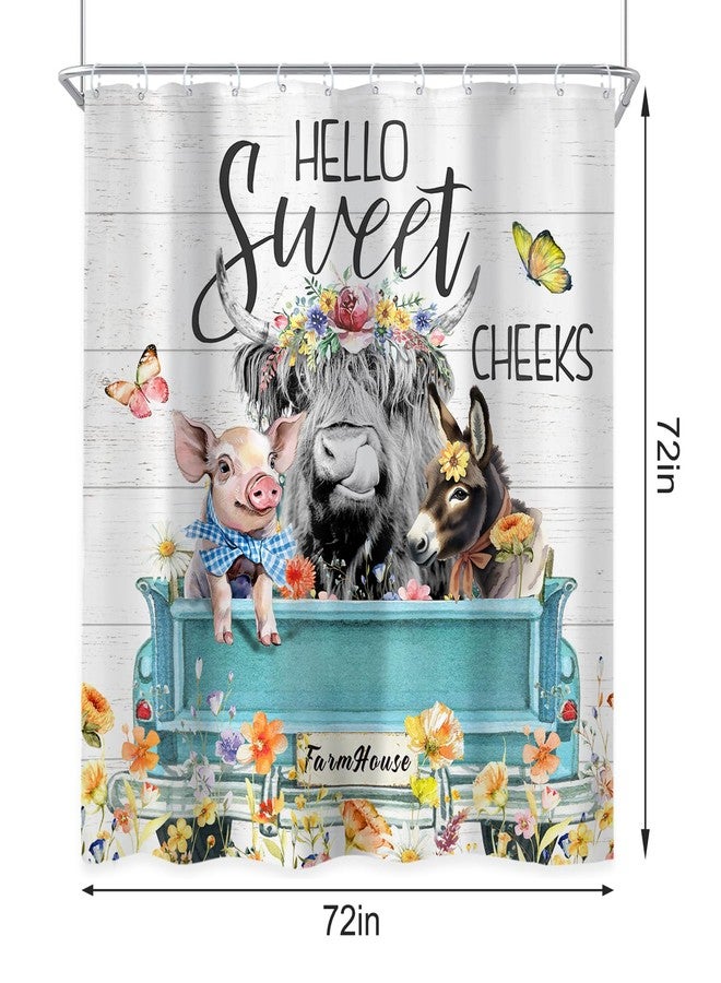 Newsely 4Pcs Highland Cow Farm Shower Curtain Set With Non-Slip Rugs, Toilet Lid Cover and Bath Mat, Western Bull Chicken Pig Shower Curtain With 12 Hooks, Flower Truck Bath Curtain for Bathroom Decor - Image 4
