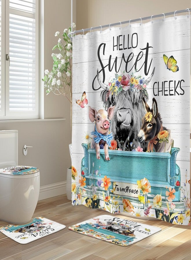 Newsely 4Pcs Highland Cow Farm Shower Curtain Set With Non-Slip Rugs, Toilet Lid Cover and Bath Mat, Western Bull Chicken Pig Shower Curtain With 12 Hooks, Flower Truck Bath Curtain for Bathroom Decor - Image 1