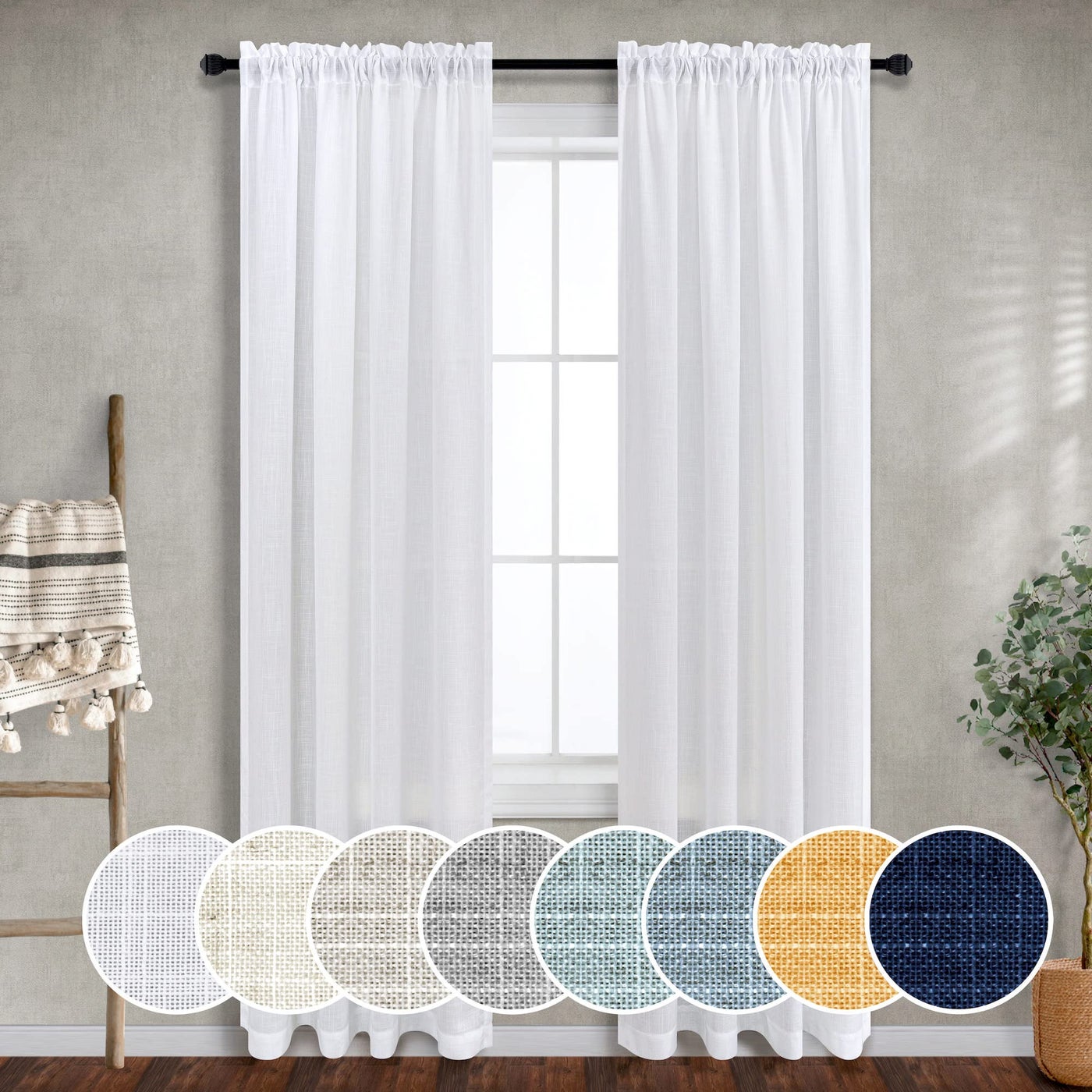 Mrs.Naturall Pure White Curtains 38 Inch Wide for Bedroom 2 Panels Set Rod Pocket Privacy Draperies Cotton Textured Light Filtering White Linen Boho Curtains for Living Room Rustic Farmhouse Decor 38W
