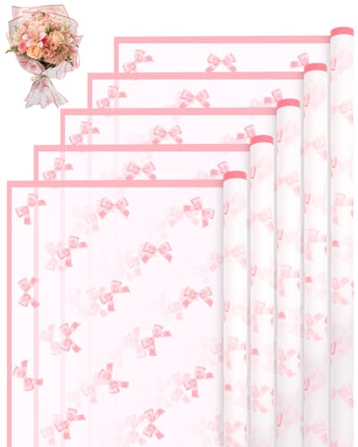 Liobelon 20 Sheets Flower Wrapping Paper Waterproof Bouquet Paper Bow Pattern Pink Gift Wrapping Paper for Valentine's Day Flower Shop, Wedding, Mother's day, Handmade DIY, Anniversary - Image 1