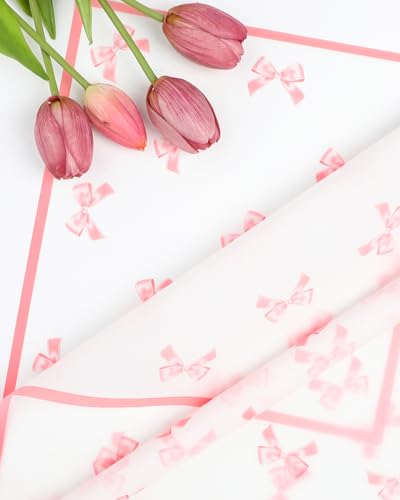 Liobelon 20 Sheets Flower Wrapping Paper Waterproof Bouquet Paper Bow Pattern Pink Gift Wrapping Paper for Valentine's Day Flower Shop, Wedding, Mother's day, Handmade DIY, Anniversary - Image 2