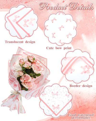 Liobelon 20 Sheets Flower Wrapping Paper Waterproof Bouquet Paper Bow Pattern Pink Gift Wrapping Paper for Valentine's Day Flower Shop, Wedding, Mother's day, Handmade DIY, Anniversary - Image 4