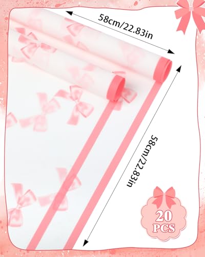 Liobelon 20 Sheets Flower Wrapping Paper Waterproof Bouquet Paper Bow Pattern Pink Gift Wrapping Paper for Valentine's Day Flower Shop, Wedding, Mother's day, Handmade DIY, Anniversary - Image 3