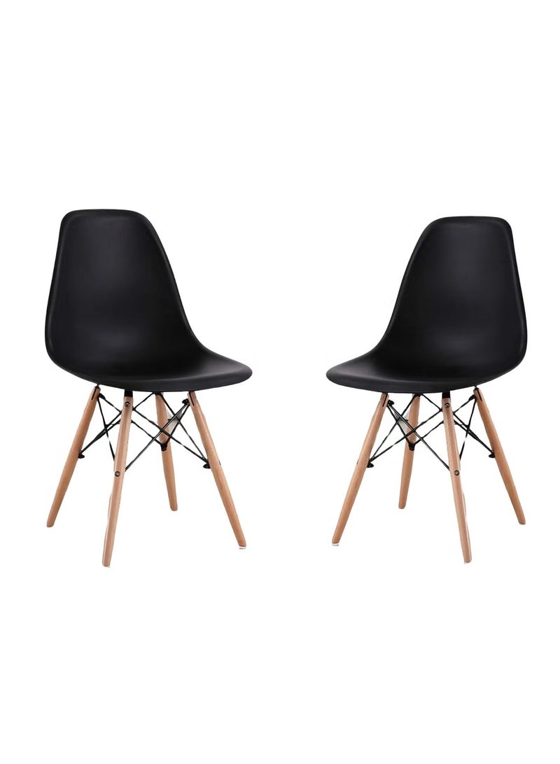 Generic Modern chair set for the home, living room, or office, featuring plastic seats with wooden legs and a metal frame in a sleek black color. 