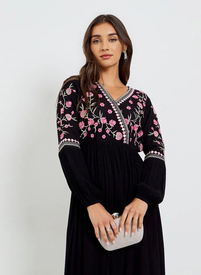 Styli Women Embroidered V Neck Maxi Dress