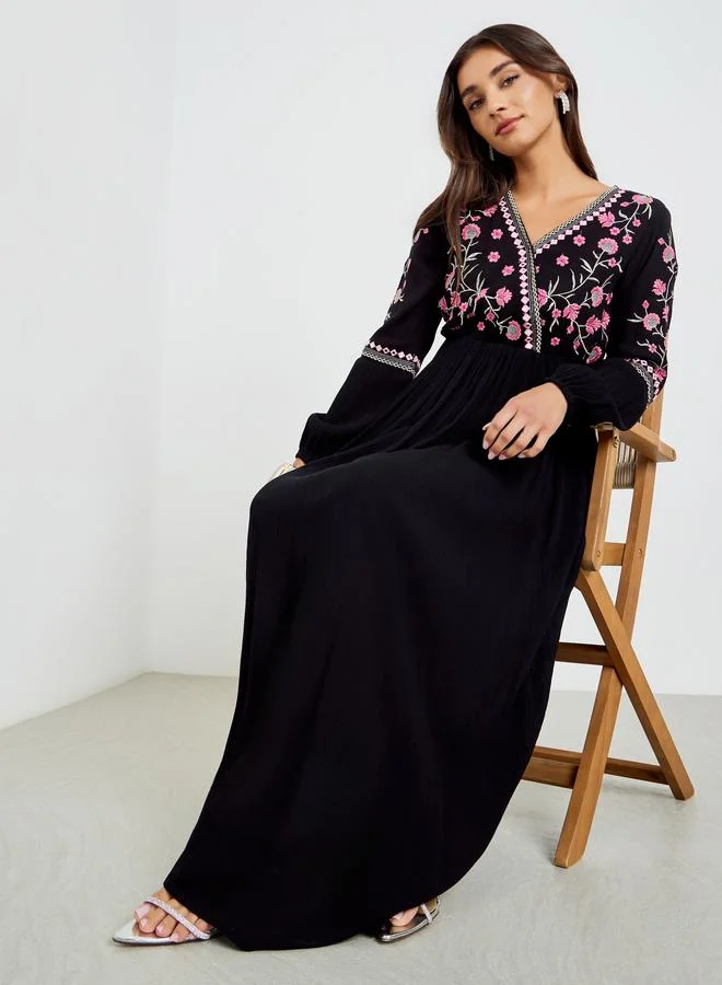 Styli Women Embroidered V Neck Maxi Dress