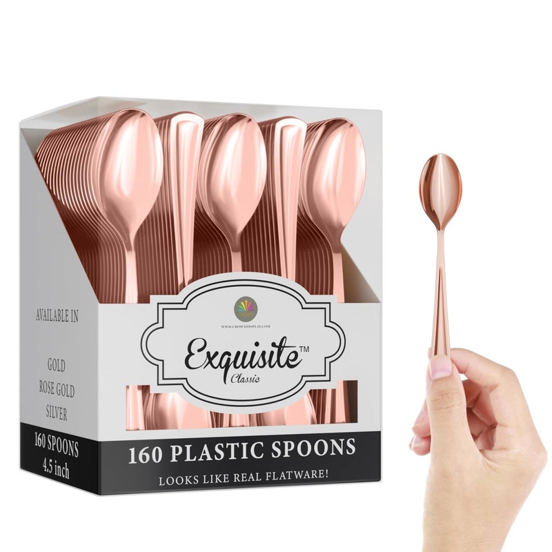 Exquisite Rose Gold Plastic Tea Spoons Heavy Duty 160 Pieces Rose Gold Plastic Silverware Heavy Duty Disposable Silverware Set Disposable Tea Spoons Eating Utensils Sets Flatware Set For Parties