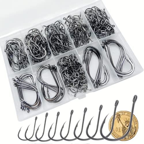 DAMIDEL 300Pcs/Box （22# ...15# 10# Fishing Hook, Forged Steel/Barded Design, 8 Sizes Universal Octopus Fishing Hooks Set， Sharp/High Carbon/Hook Eye, Suitable Sizes in Freshwater Saltwater - Image 1